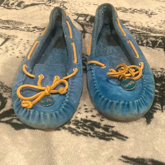 Coach Blue Suede Moccasin Slippers with Tan Laces - Picture 5 of 8